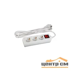 Удлинитель с заземлением с выключателем 3 гнезда 3 метра 16А, 3x1мм2 ПВС белый Россия ЭРА U-3es-3m