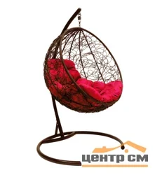 Подвесное кресло "Круглое", цвет плетения – коричневый, подушка – красный, каркас – коричневый