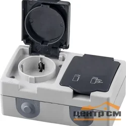 Розетка переносная двухместная с заземлением и крышкой Велена 250В, 16А, IP54 STEKKER PST16-12-54, серый/графит